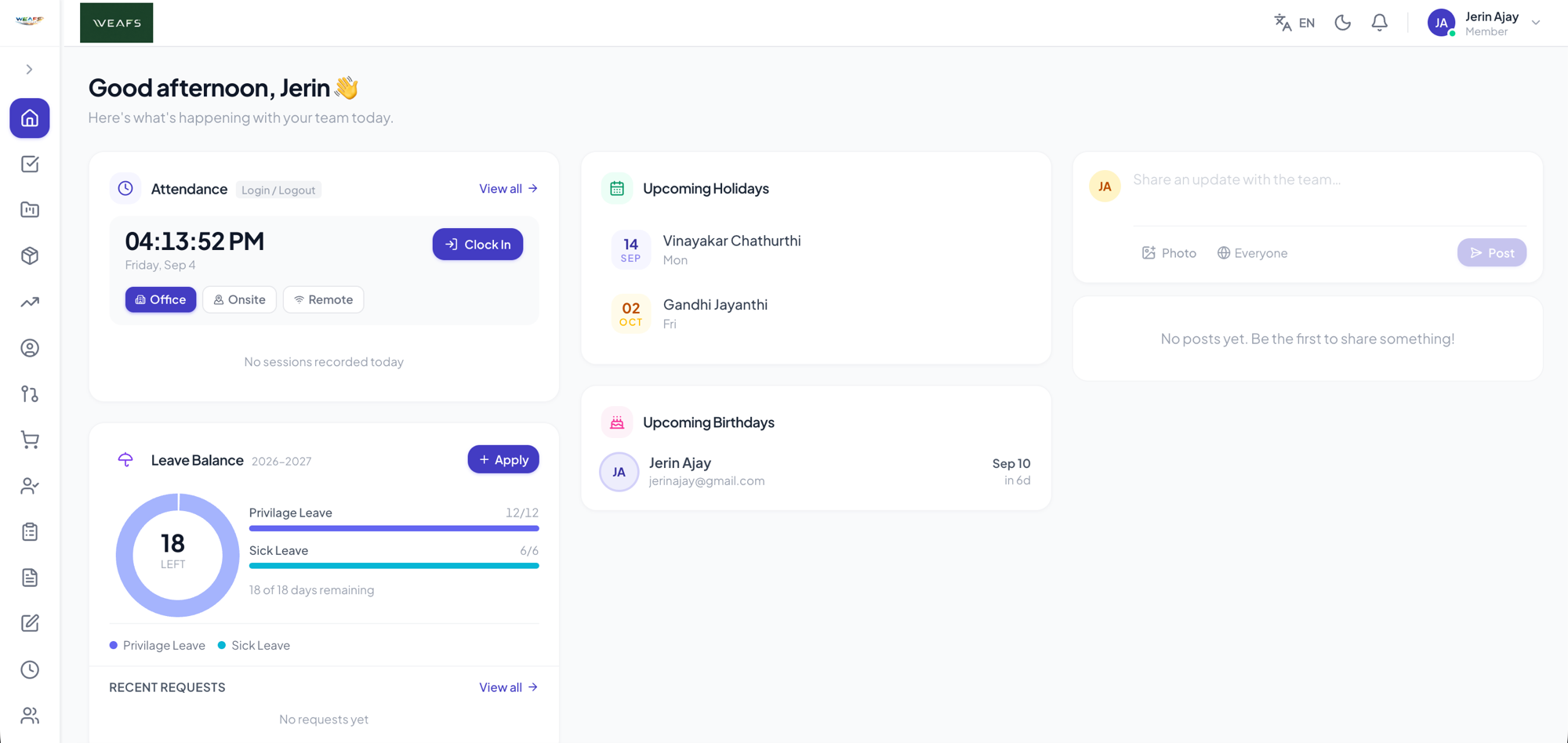 WEAFS dashboard on desktop
