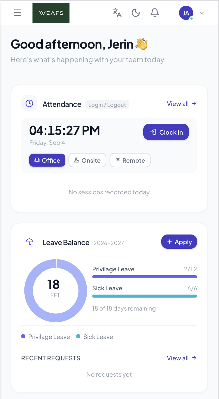 WEAFS dashboard on mobile